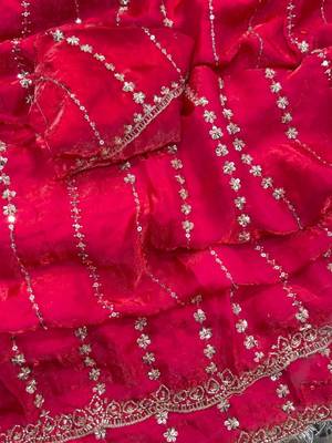 Rani pink Color  embroidery And sequence work Satin Saree 4