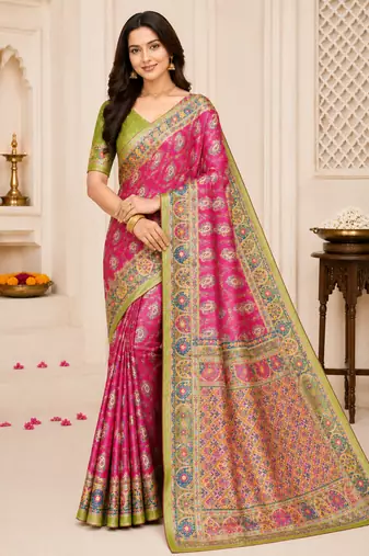 Pink Silk Blend Saree with Blouse