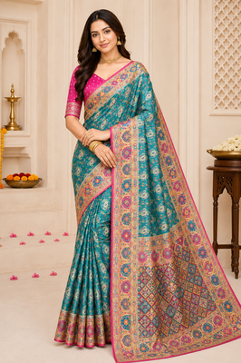 Teal Pashmina Printing Silk Blend Saree With Blouse 1