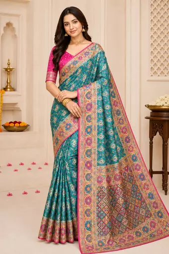 Teal Pashmina Printing Silk Blend Saree With Blouse