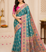 Teal Pashmina Printing Silk Blend Saree With Blouse