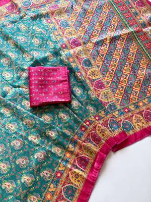 Teal Pashmina Printing Silk Blend Saree With Blouse 2