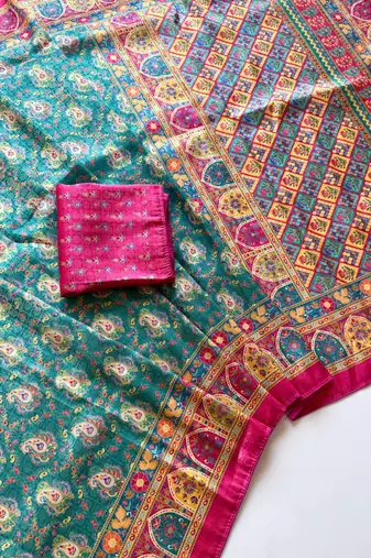 Teal Pashmina Printing Silk Blend Saree With Blouse