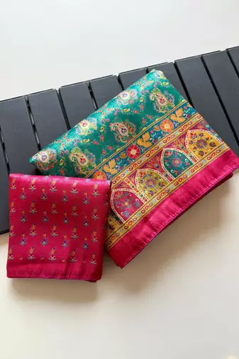 Teal Pashmina Printing Silk Blend Saree With Blouse