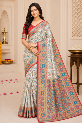 White Color Silk Blend Saree With Blouse 1