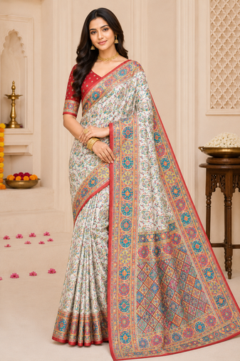 White Color Silk Blend Saree With Blouse