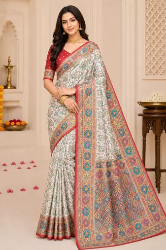 White Color Silk Blend Saree With Blouse