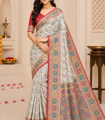 White Color Silk Blend Saree With Blouse