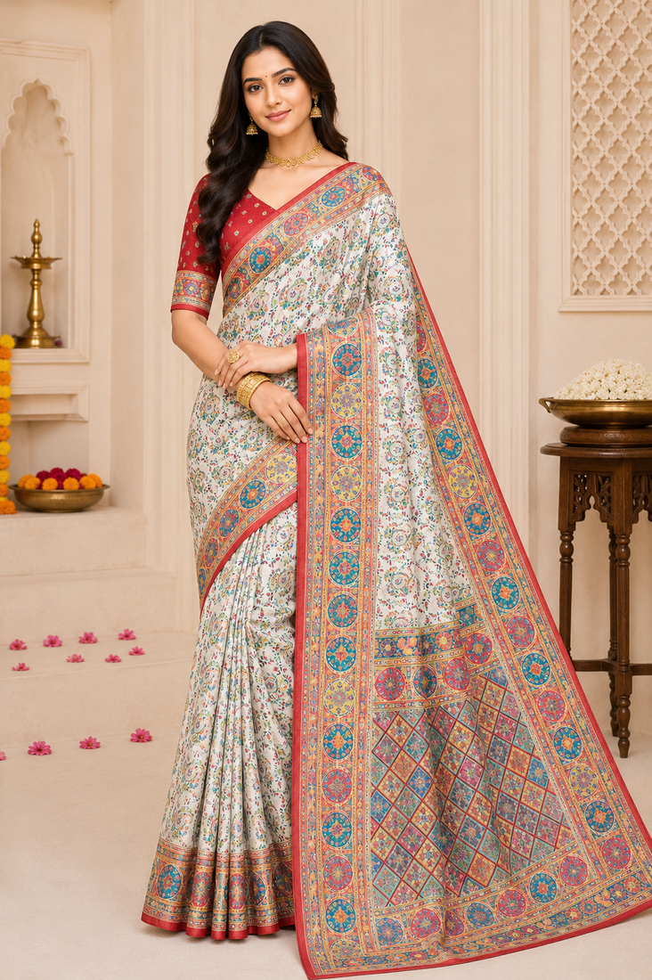 White Color Silk Blend Saree With Blouse