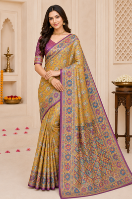 Yellow Color Silk Blend Saree with Blouse 1