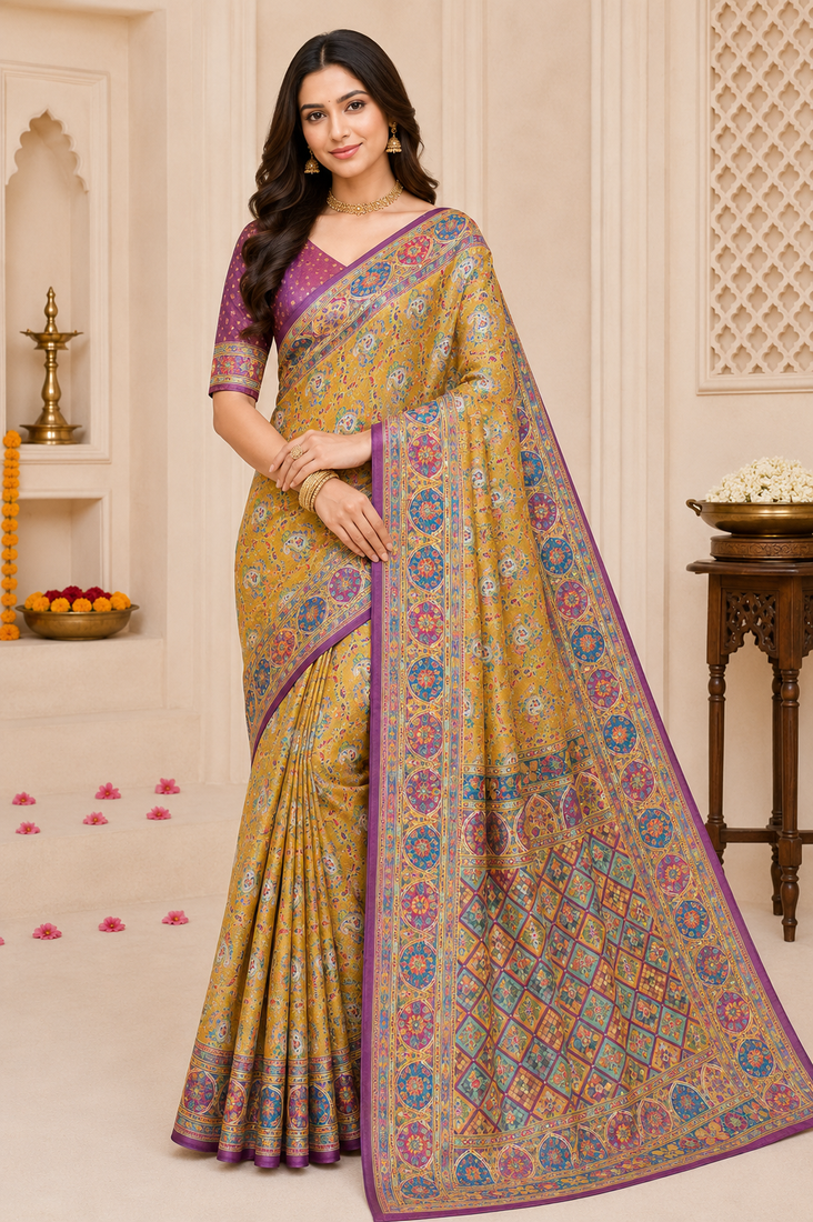 Yellow Color Silk Blend Saree with Blouse