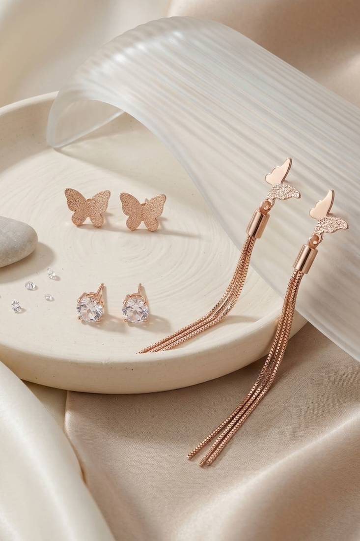 Wo  Set of 3 Rose-Gold-Plated Pear-Beaded Earrings 