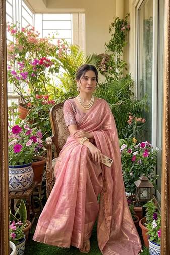 Light Pink Color embroidery And sequence Work  chiffon Saree