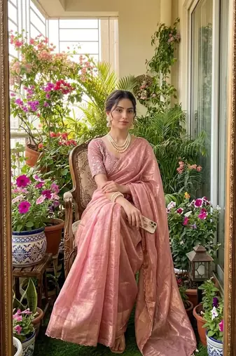 Light Pink Color embroidery And sequence Work  chiffon Saree