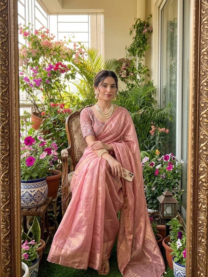 Light Pink Color embroidery And sequence Work  chiffon Saree