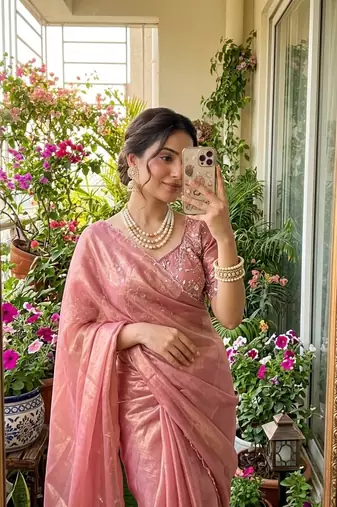 Light Pink Color embroidery And sequence Work  chiffon Saree