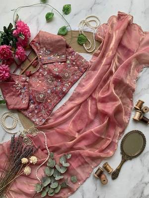 Light Pink Color embroidery And sequence Work  chiffon Saree 3