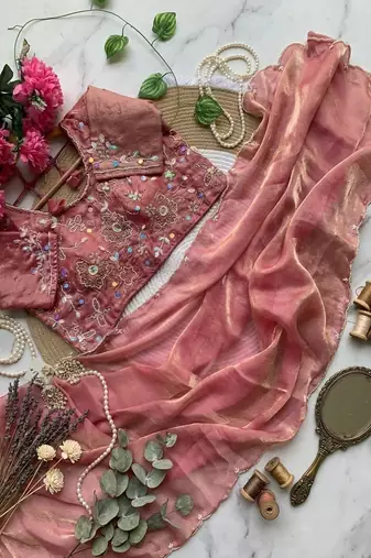 Light Pink Color embroidery And sequence Work  chiffon Saree