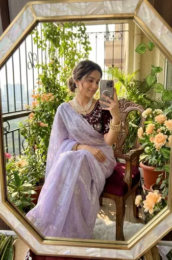 Lavender Color embroidery And sequence Work  chiffon Saree
