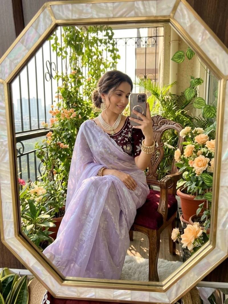 Lavender Color embroidery And sequence Work  chiffon Saree