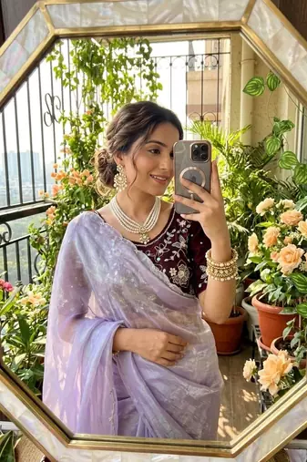 Lavender Color embroidery And sequence Work  chiffon Saree