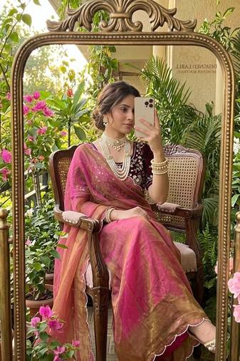 Onion Pink Color embroidery And sequence Work  chiffon Saree