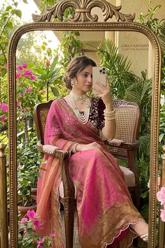 Onion Pink Color embroidery And sequence Work  chiffon Saree