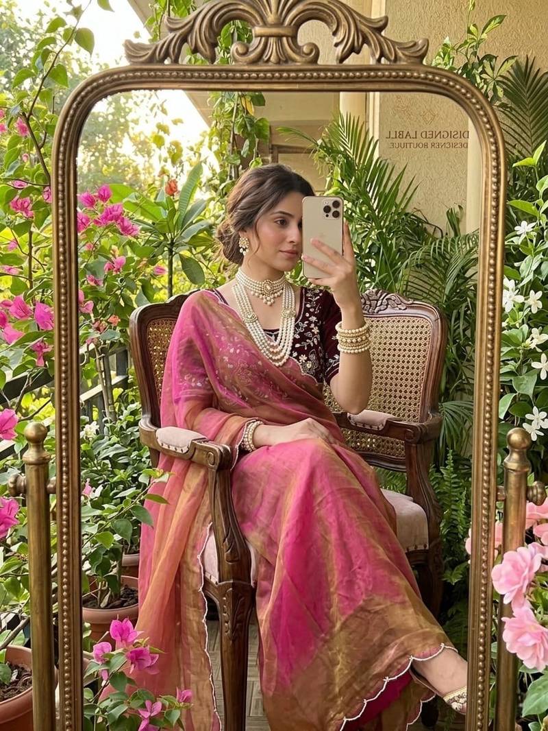 Onion Pink Color embroidery And sequence Work  chiffon Saree