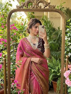 Onion Pink Color embroidery And sequence Work  chiffon Saree 2