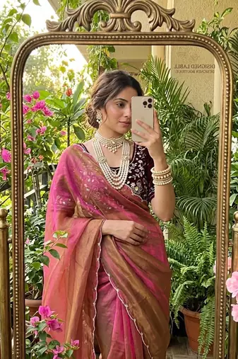 Onion Pink Color embroidery And sequence Work  chiffon Saree