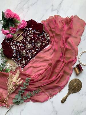 Onion Pink Color embroidery And sequence Work  chiffon Saree 3