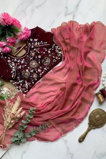 Onion Pink Color embroidery And sequence Work  chiffon Saree