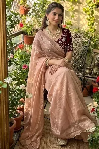 Peach Color embroidery And sequence Work  chiffon Saree