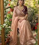 Peach Color embroidery And sequence Work  chiffon Saree