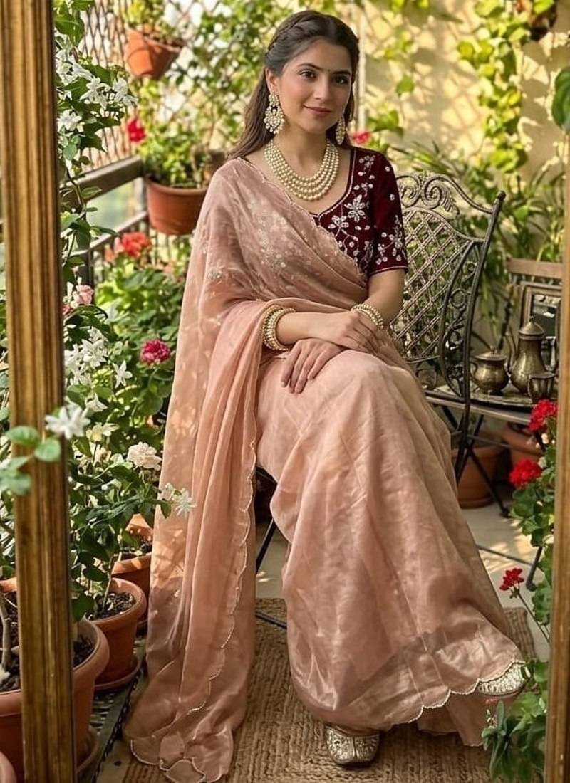 Peach Color embroidery And sequence Work  chiffon Saree