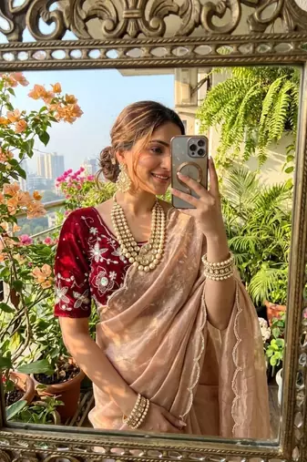 Peach Color embroidery And sequence Work  chiffon Saree
