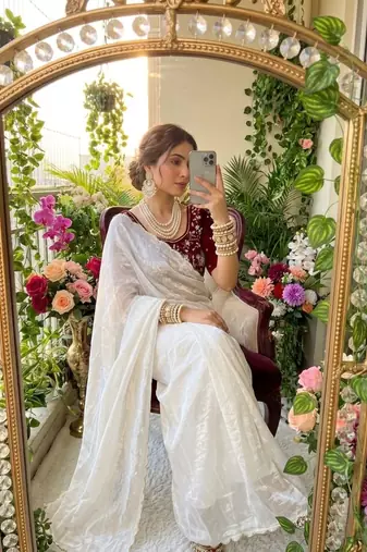White Color embroidery And sequence Work  chiffon Saree