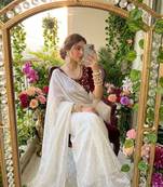 White Color embroidery And sequence Work  chiffon Saree
