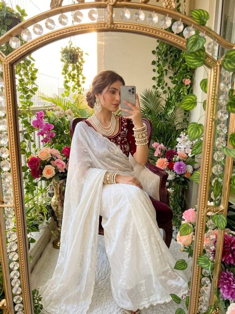 White Color embroidery And sequence Work  chiffon Saree