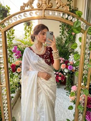 White Color embroidery And sequence Work  chiffon Saree 2