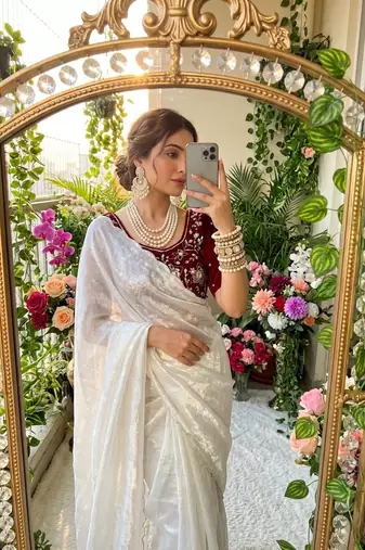 White Color embroidery And sequence Work  chiffon Saree
