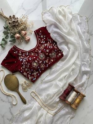 White Color embroidery And sequence Work  chiffon Saree 3