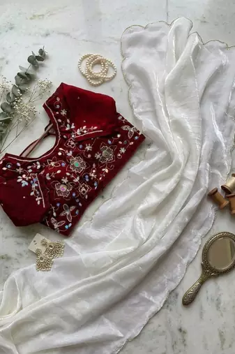 White Color embroidery And sequence Work  chiffon Saree