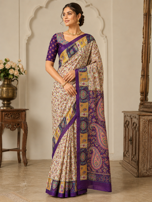 Cream-Purple Silk Blend Saree with Blouse 1