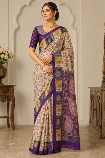 Cream-Purple Silk Blend Saree with Blouse