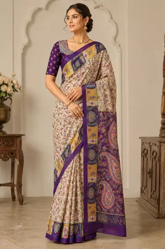 Cream-Purple Silk Blend Saree with Blouse