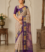 Cream-Purple Silk Blend Saree with Blouse