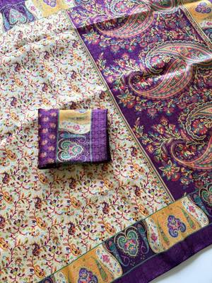 Cream-Purple Silk Blend Saree with Blouse 2