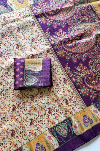 Cream-Purple Silk Blend Saree with Blouse