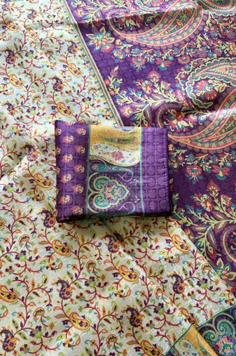 Cream-Purple Silk Blend Saree with Blouse